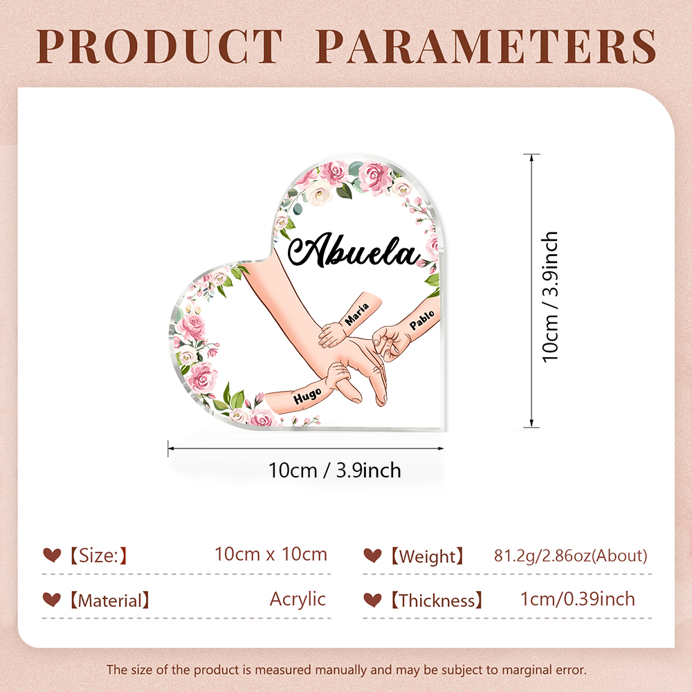 A mi mamá/abuela-Placa de acrílico en forma de corazón mano a mano con 1 texto y 3 nombres personalizados | Jessemade