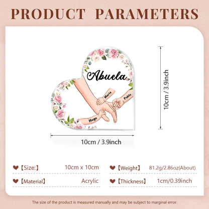 A mi mamá/abuela-Placa de acrílico en forma de corazón mano a mano con 1 texto y 3 nombres personalizados | Jessemade