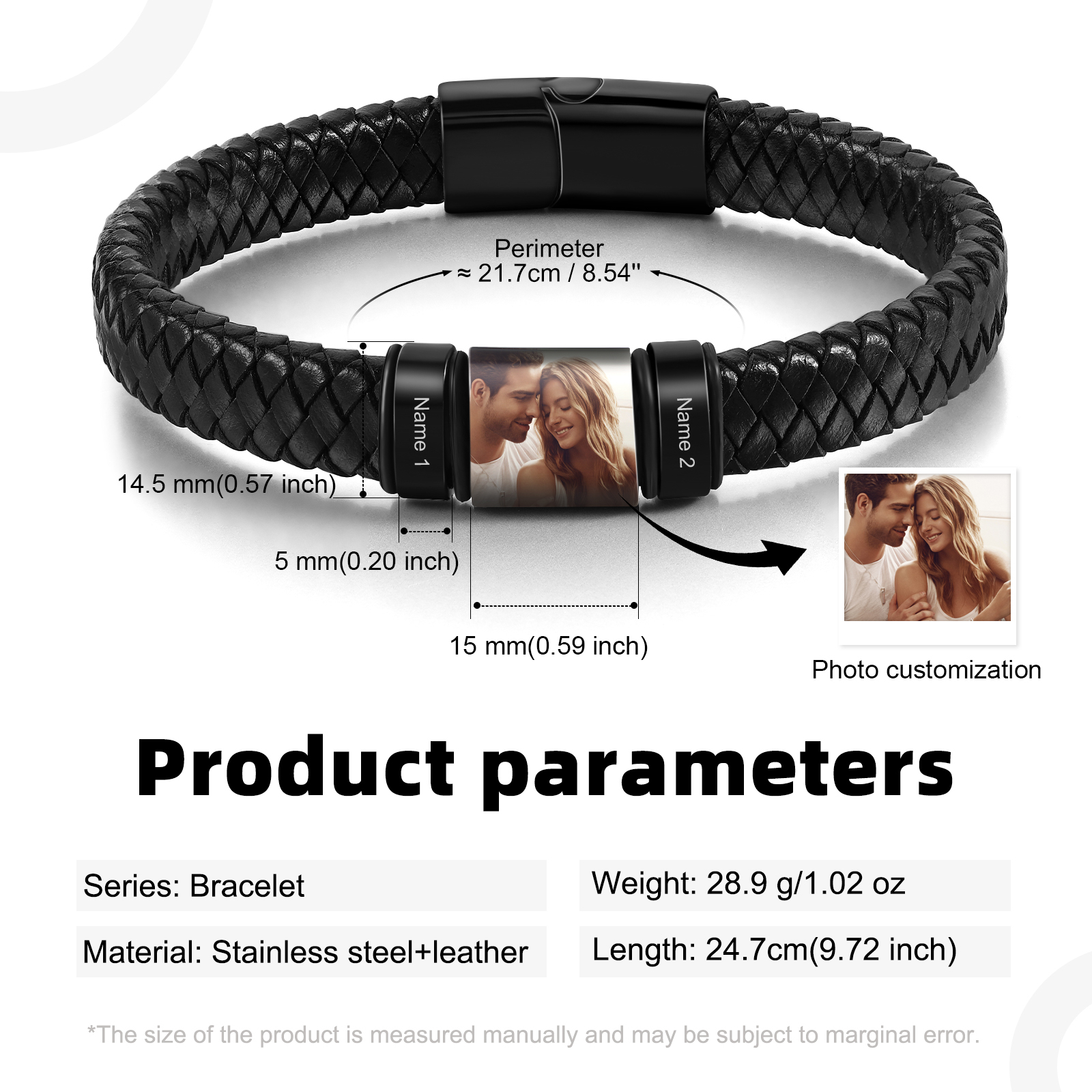 Pulsera de Cueros Trenzados Aros Personalizados de 2-4 Nombres y Placa de Foto-Jessemade ES