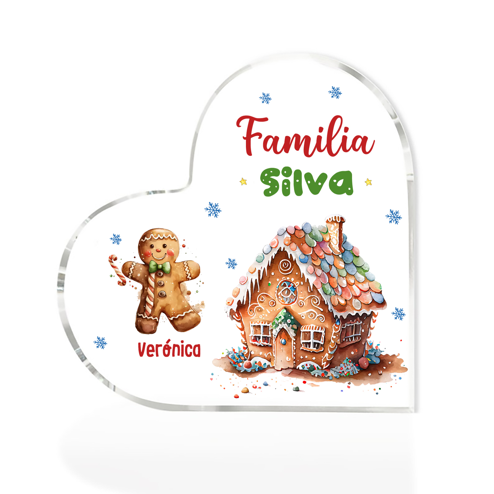 Navidad - Placa de acrílico en forma de corazón jengibres y su casa con 1 nombre y 1 texto personalizados-Jessemade ES