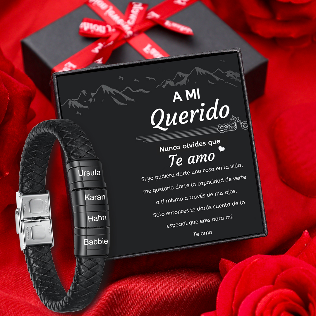 A mi querido-Pulsera de cuero trenzado de hombre con 4 perlas personalizadas con 4 nombres-Jessemade ES