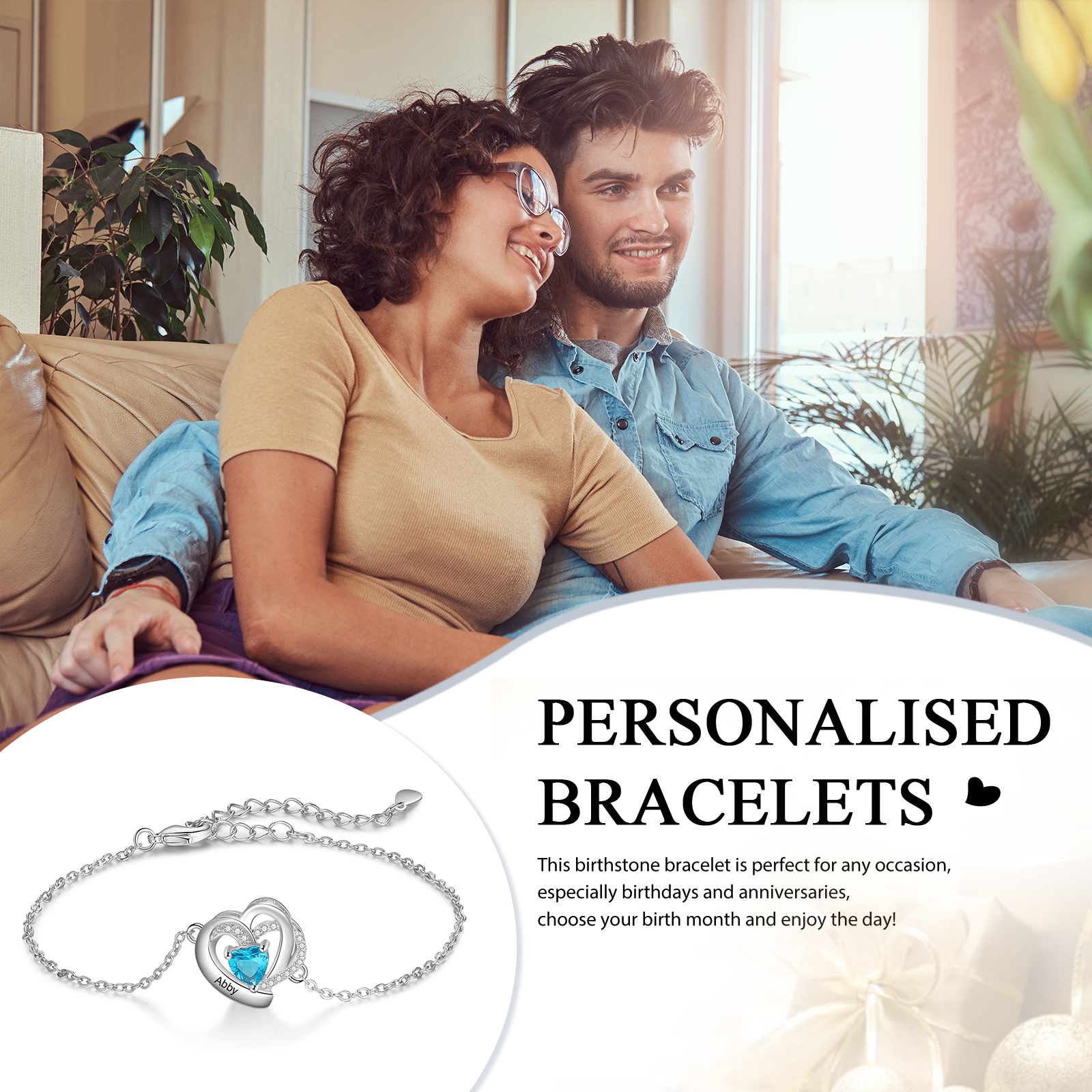 Pulsera de corazón para mujer personalizada con 1 nombre y 1 piedra de nacimiento-Jessemade ES