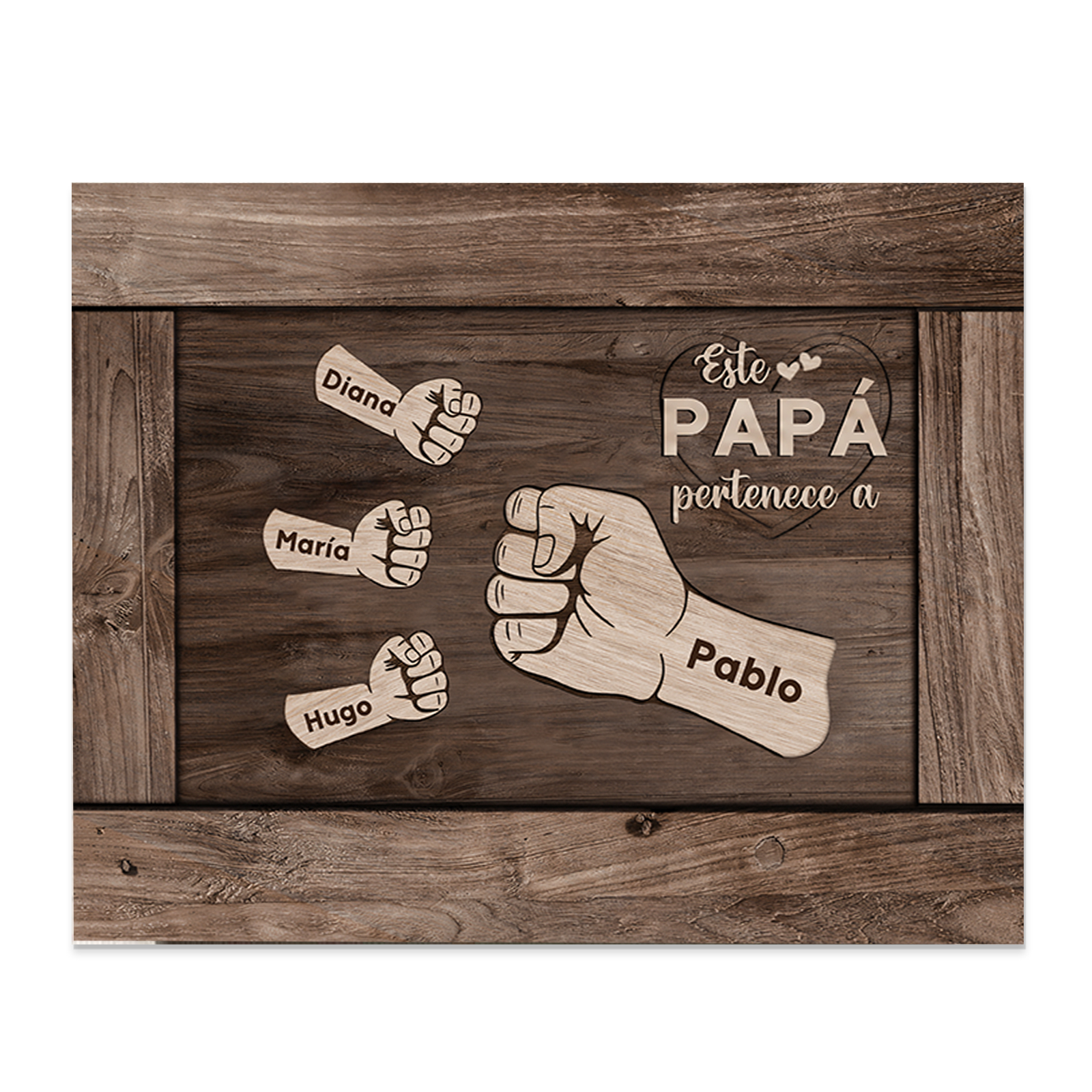 A mi papá - Lámina marco de madera puño con puño 4 nombres personalizados-Jessemade ES