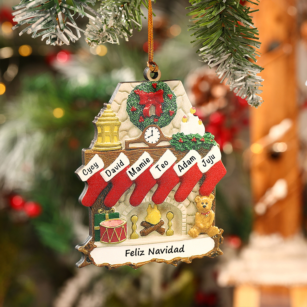 Navidad-Ornamento navideño de madera chimenea y calcetines con 6 nombres y 1 texto personalizados