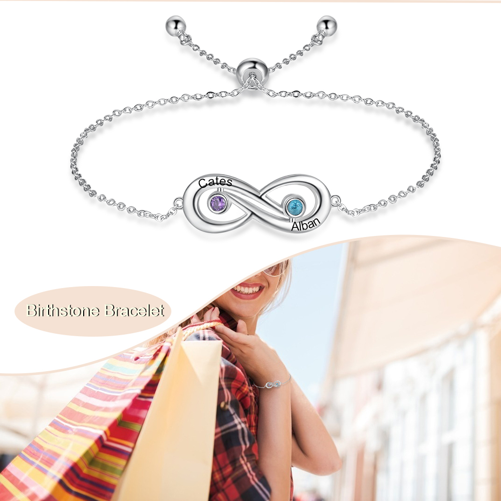 Pulsera infinito ajustable con 2 piedras de nacimiento y 2 nombres personalizados