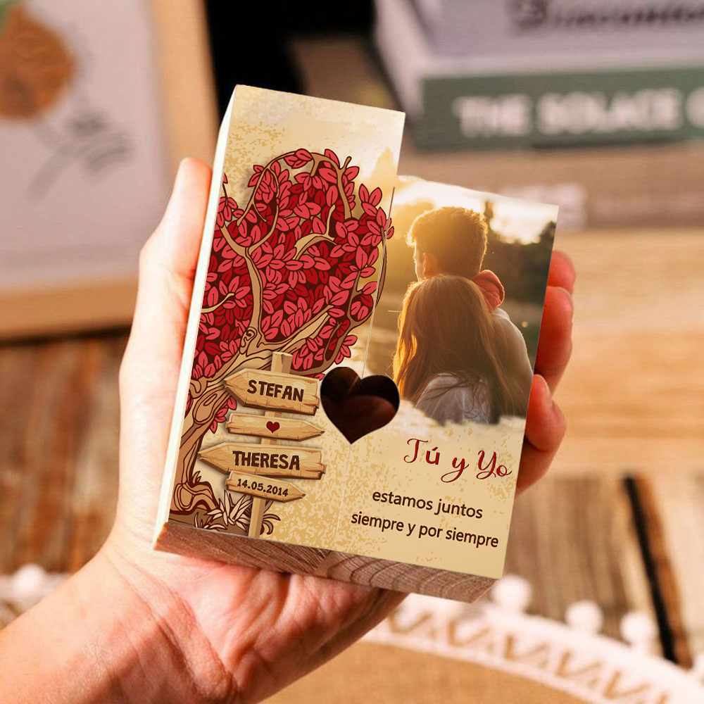 Candelero para pareja de madera de dos piezas sin candela con 2 nombres, fecha y foto personalizados-Jessemade ES