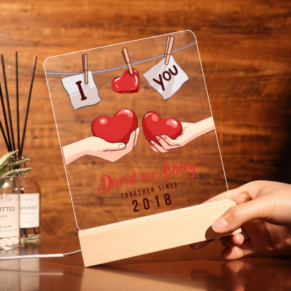 Lámpara corazones para pareja 3D Ilusión Luz de Noche LED 2 nombres, texto y año personalizados -Jessemade ES