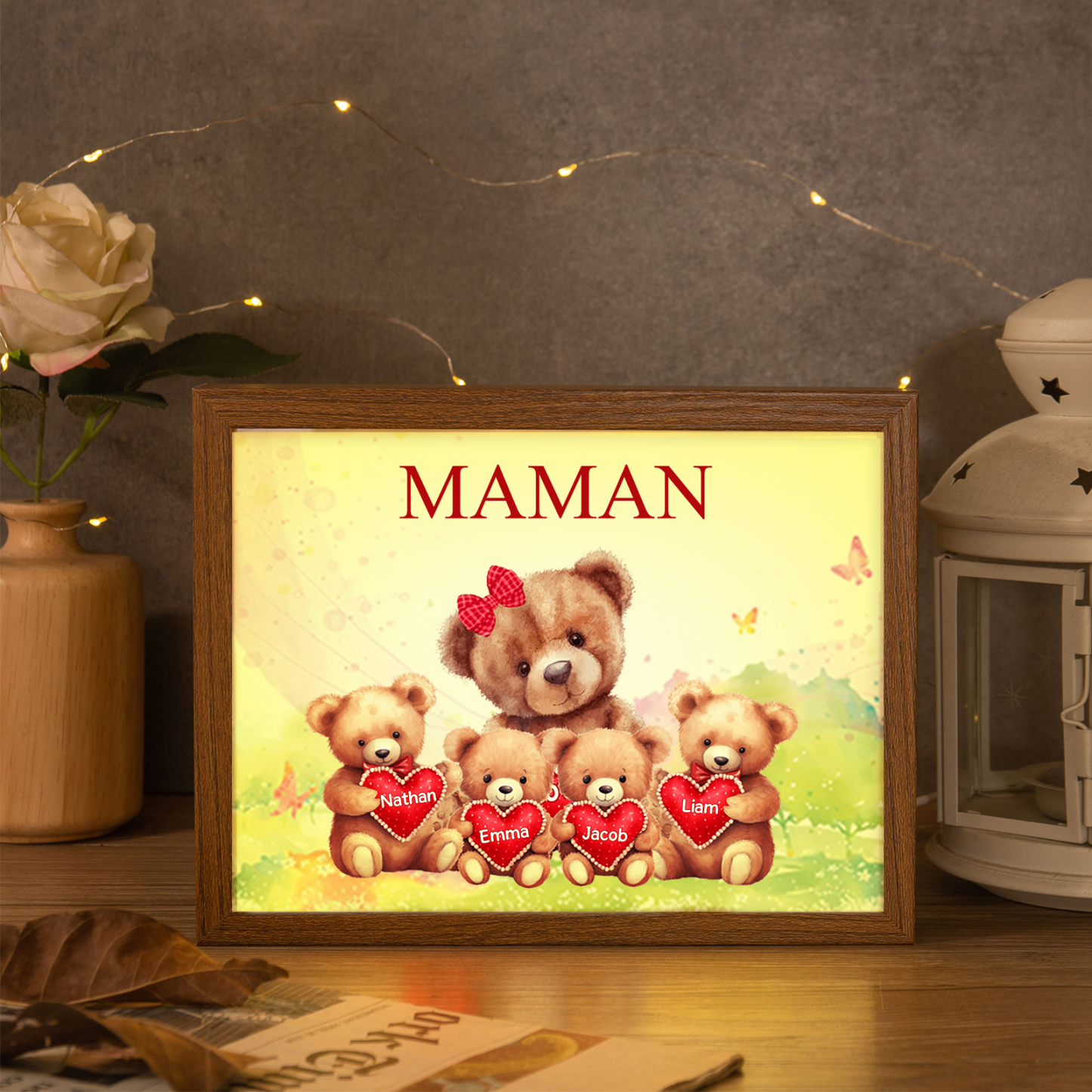 Marco con LED Familia de Osos 1-4 Nombres Personalizados con 1 Texto-Jessemade ES