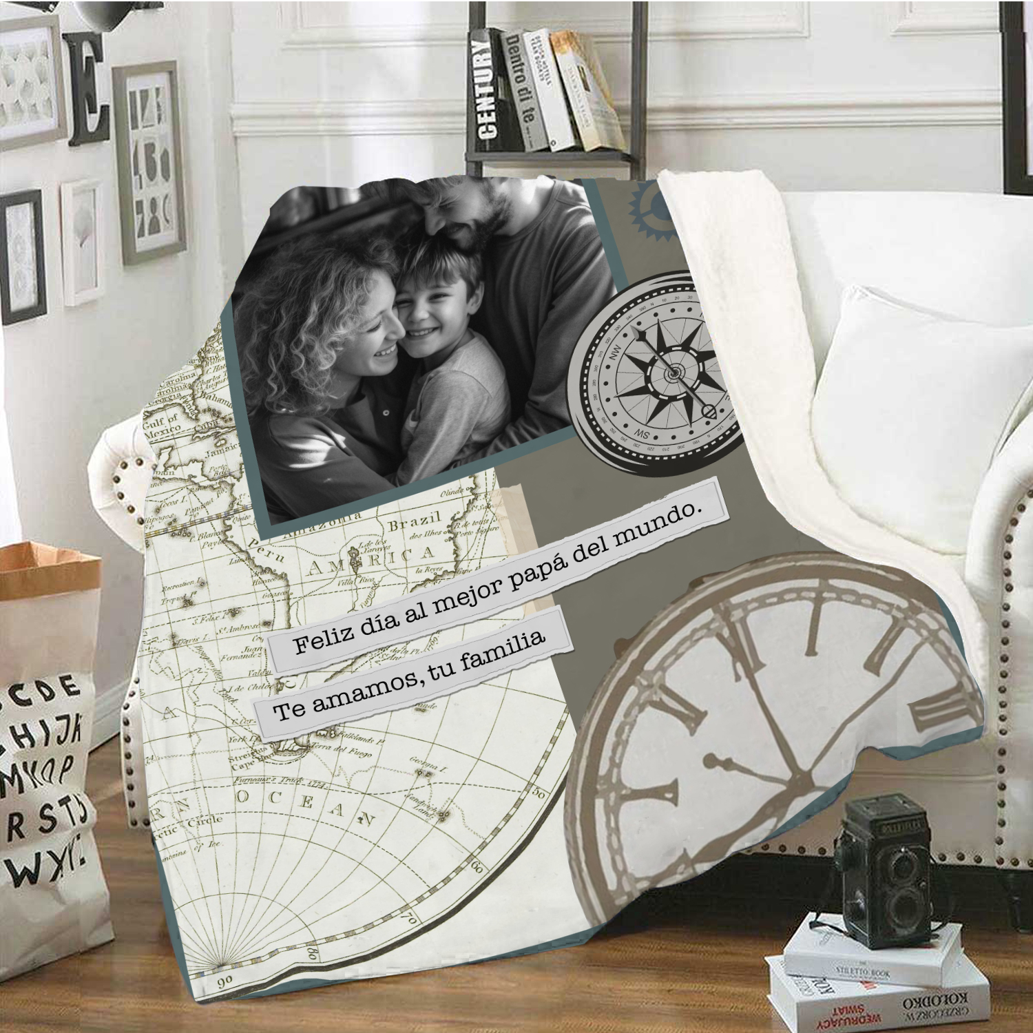 A mi padre-Manta de buen calidad de reloj personalizada con 1 foto y 1 texto-Jessemade ES