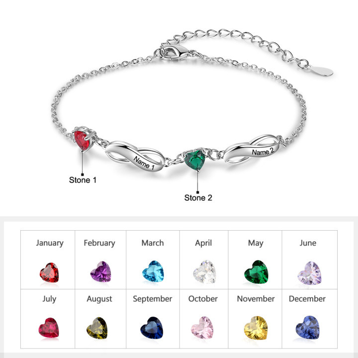 Pulsera "infinito" personalizada con 2 nombres y 2 piedras de nacimiento de corazón-Jessemade ES