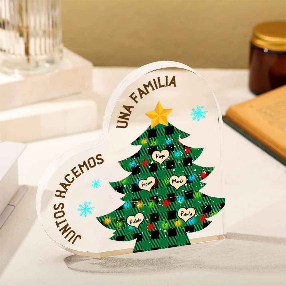 Navidad - Placa de acrílico en forma de corazón árbol con luces con 5 nombres personalizados-Jessemade ES