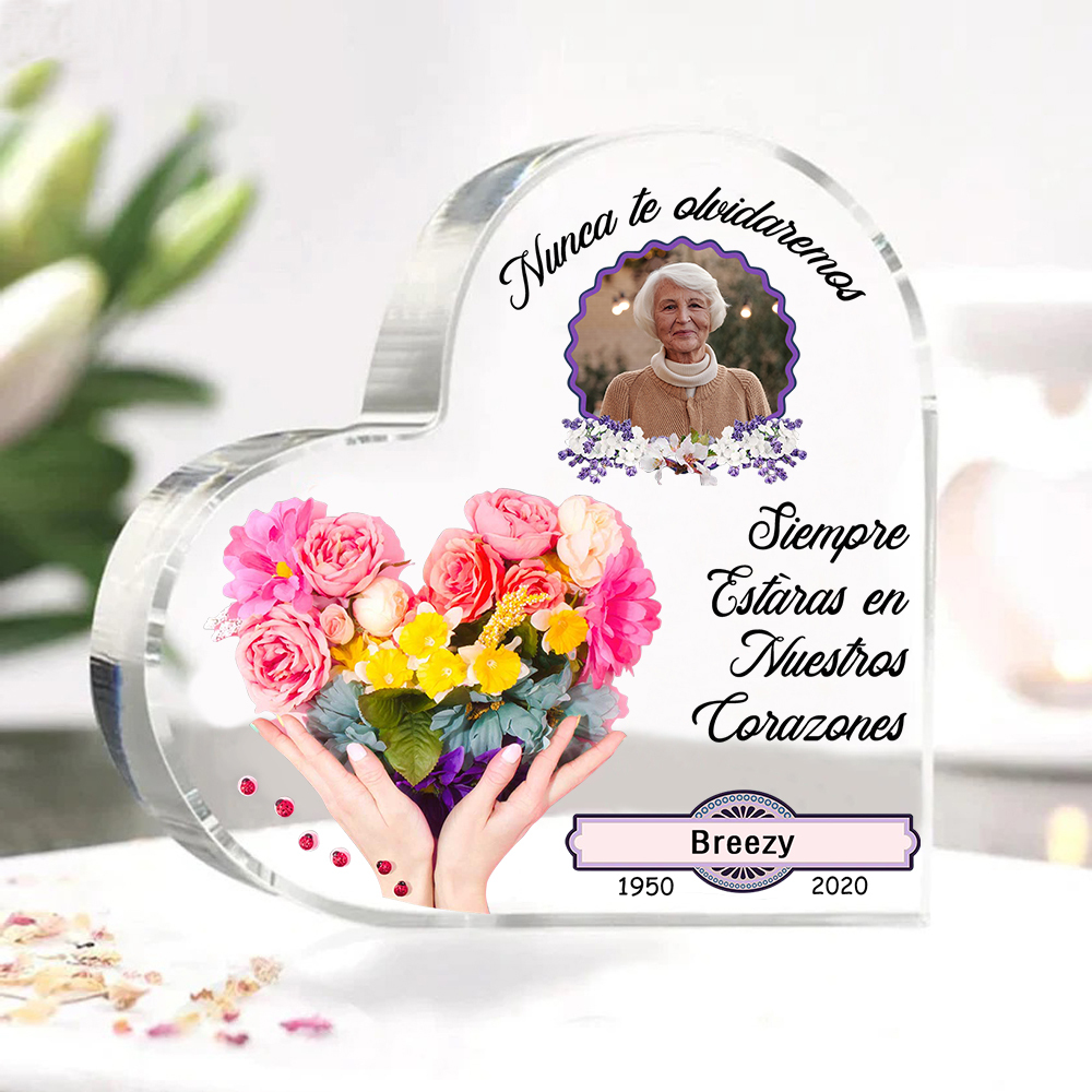 Placa de acrílico en forma de corazón con 1 foto, 1 nombre y 2 años personalizados para conmemoración-Jessemade ES