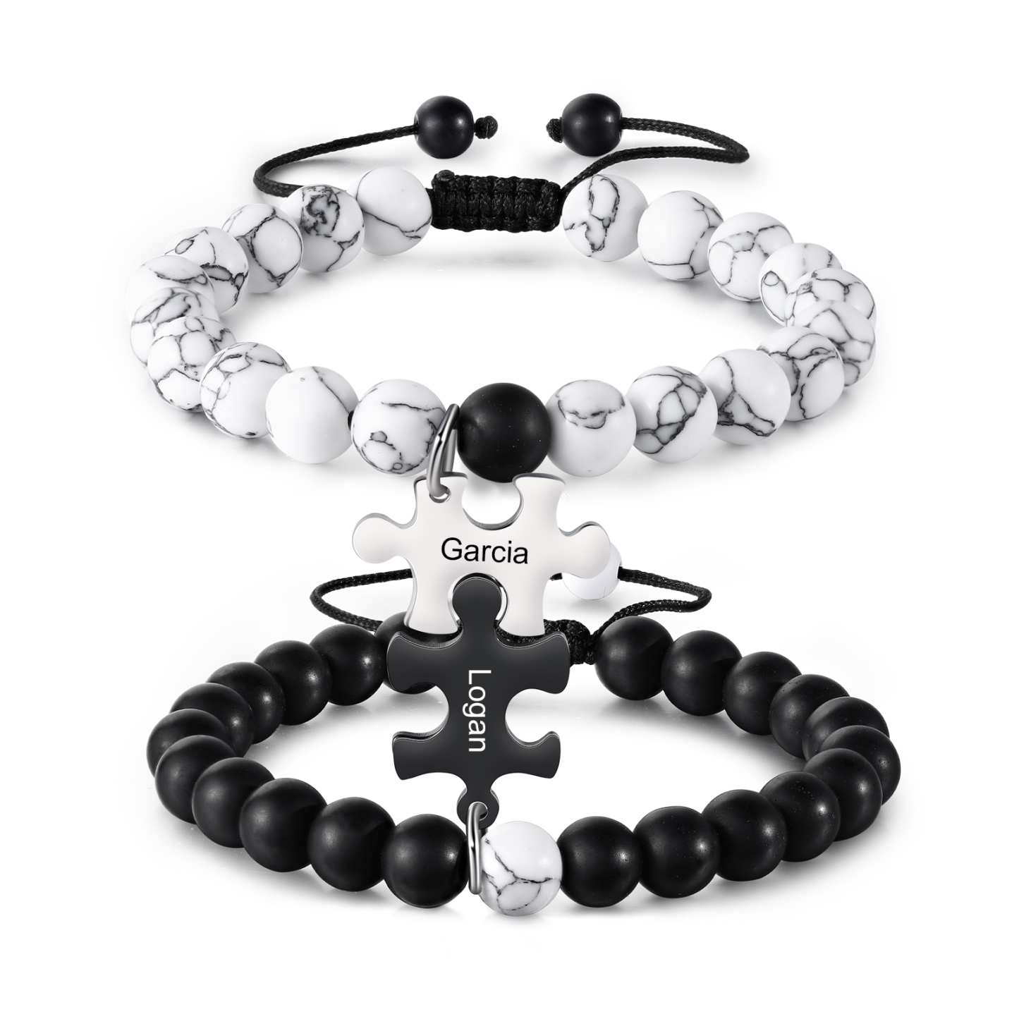 Pulseras de turquesas para pareja con dije de rompecabezas nombre personalizado