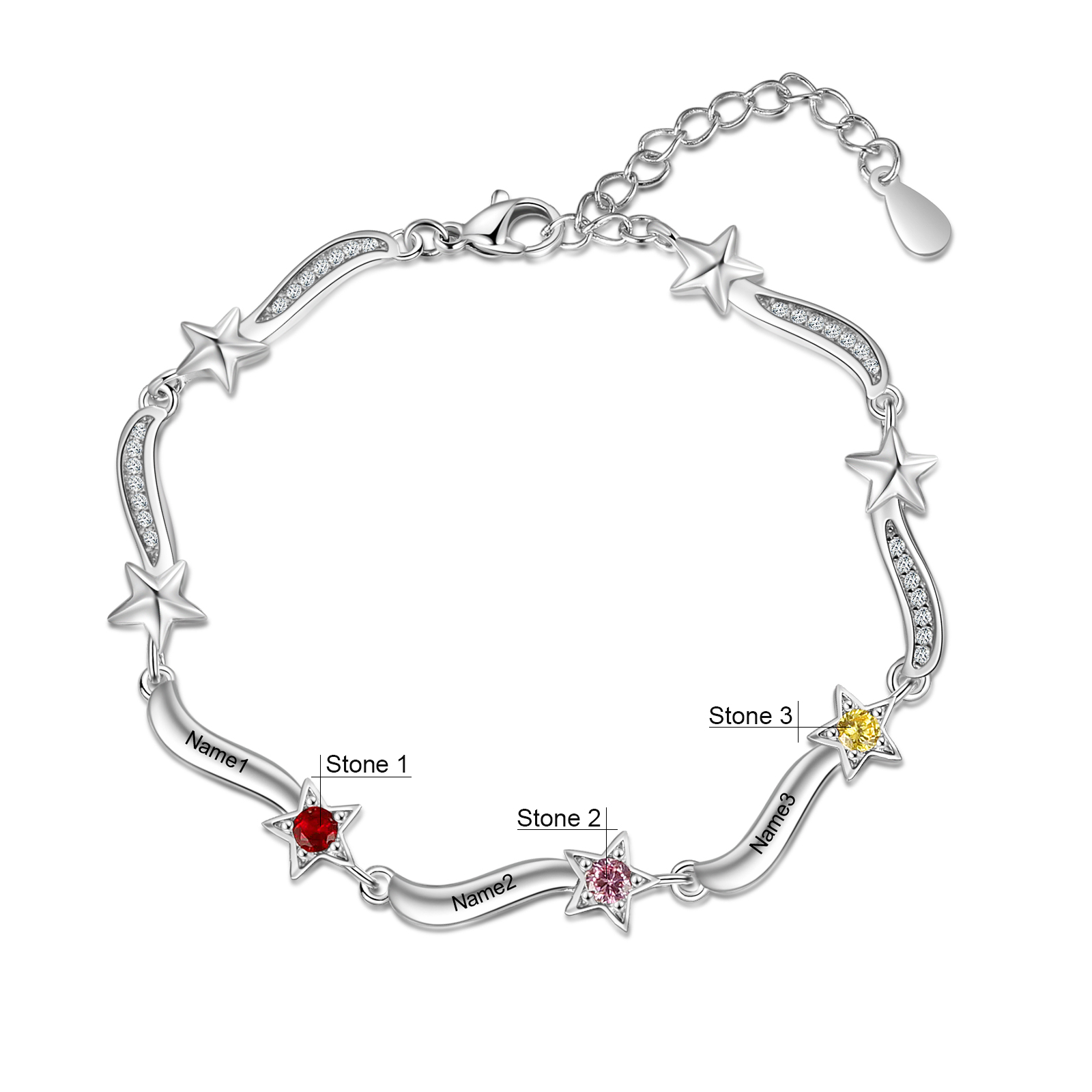 Pulsera Brazalete personalizada de 3 nombres y estrellas con 3 piedras de nacimiento-Jessemade ES