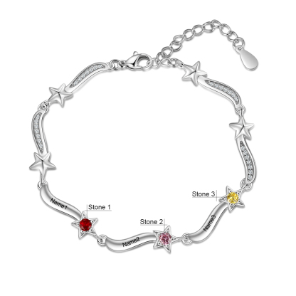 Pulsera Brazalete personalizada de 3 nombres y estrellas con 3 piedras de nacimiento-Jessemade ES