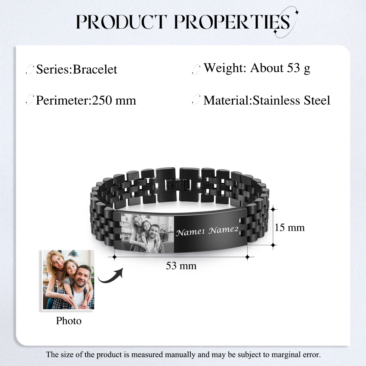 Pulsera de cadena personalizada con 2 nombres y 1 foto para hombre-Jessemade ES