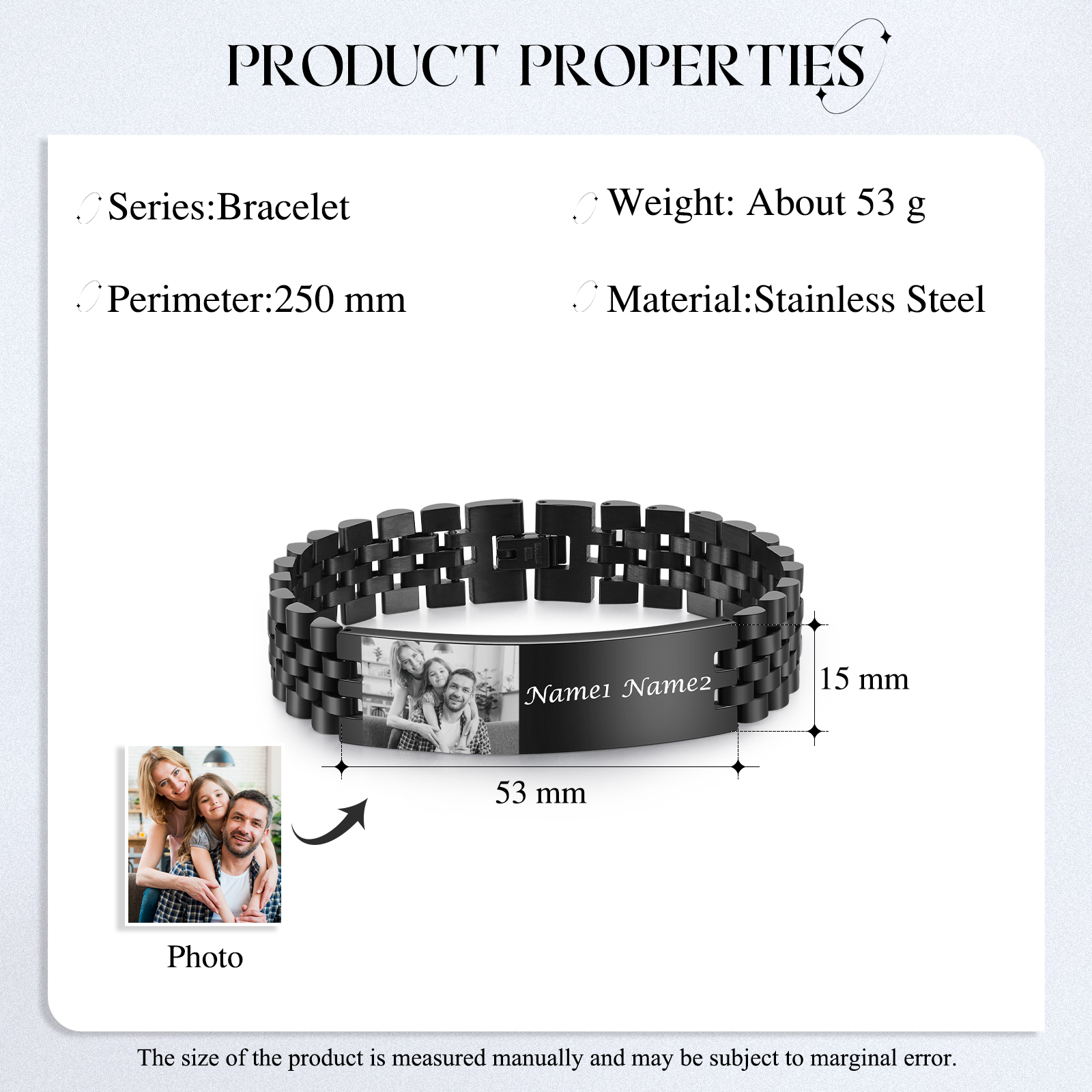 Pulsera de cadena personalizada con 2 nombres y 1 foto para hombre-Jessemade ES