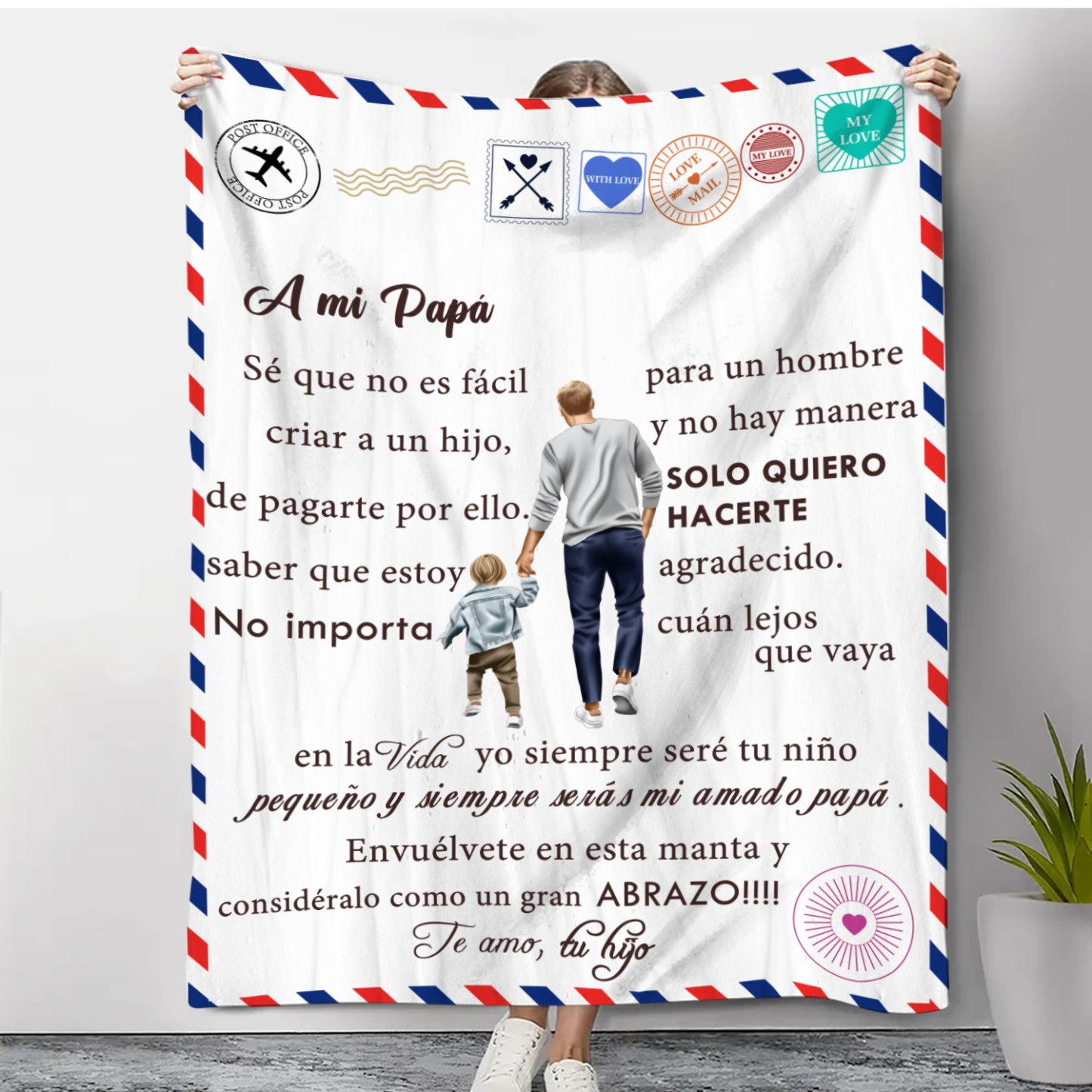 A mi padre de hijo-Manta de buen calidad con siluetas y personalizada con 1 nombre-Jessemade ES