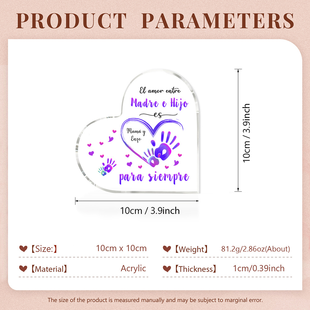 A mi mamá-Placa de acrílico en forma de corazón mano y manita 1 texto personalizado-Jessemade ES