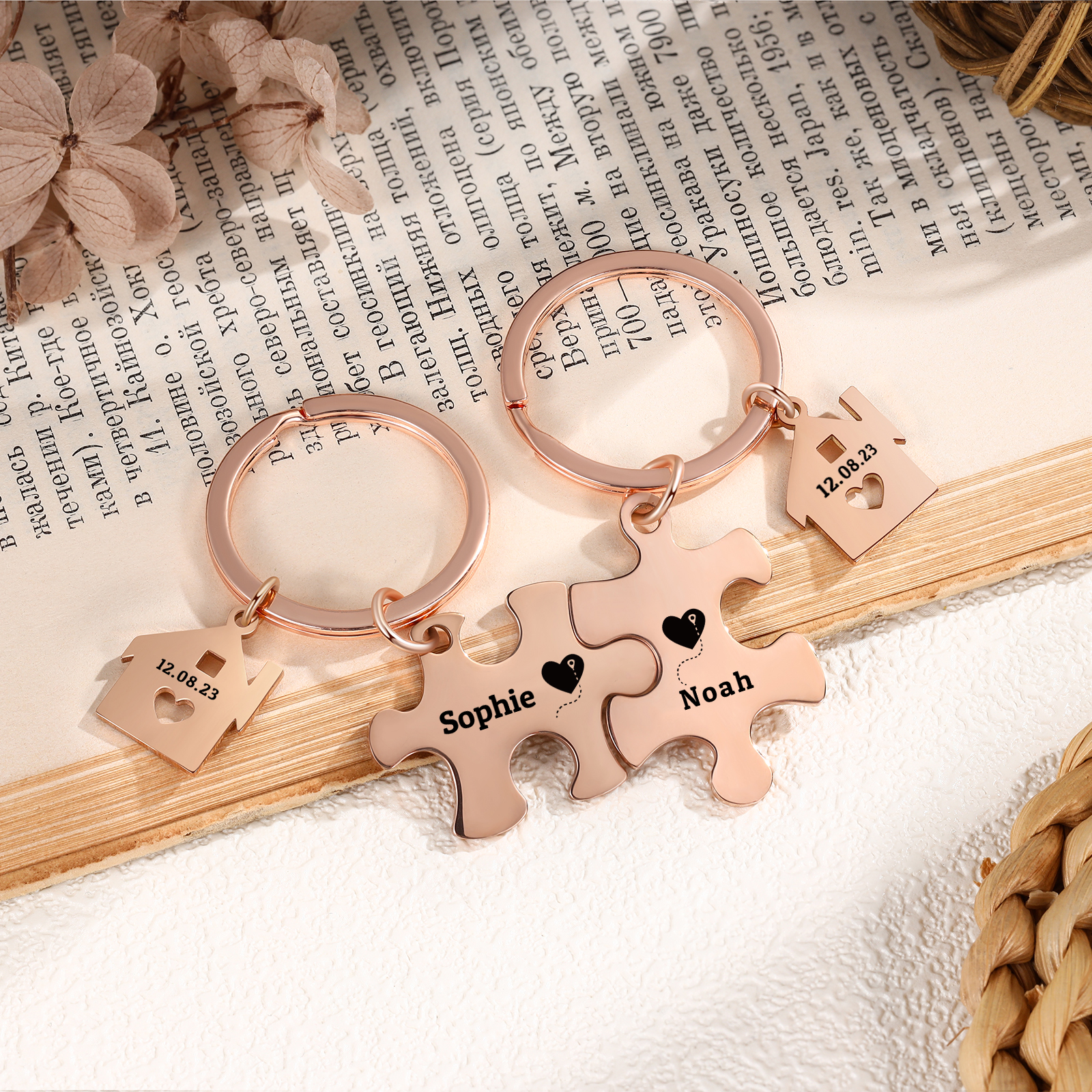 Llavero para pareja rompecabezas 2 nombres personalizados con fecha dije de casa-Jessemade ES