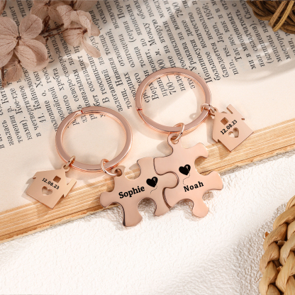 Llavero para pareja rompecabezas 2 nombres personalizados con fecha dije de casa-Jessemade ES