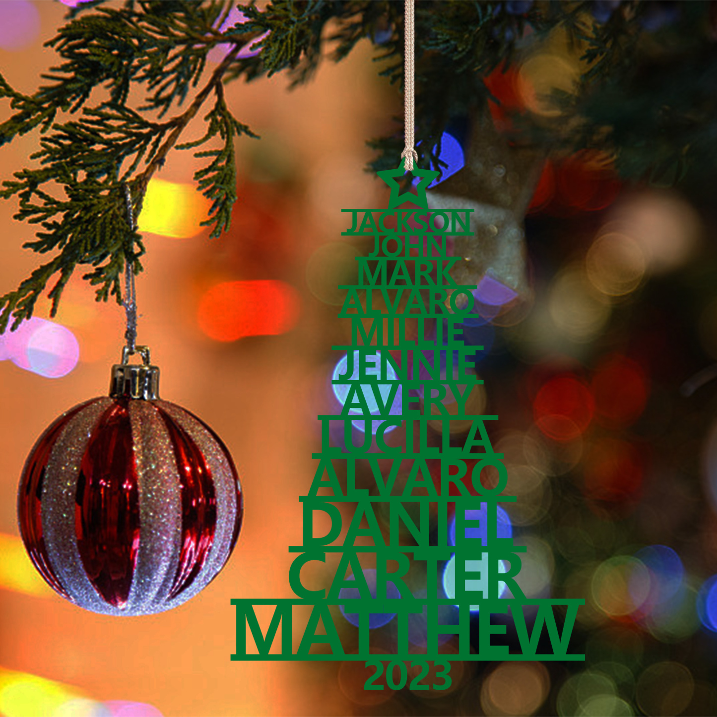 Navidad-Ornamento navideño de madera árbol de nombres con 12 nombres y año personalizados