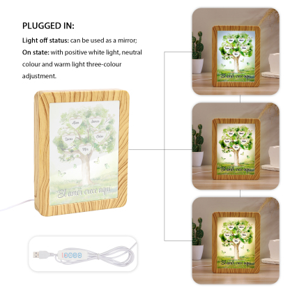 Marco/Espejo con LED Multifuncional Árbol de la Vida 2-8 Nombres Personalizados con 1 Texto-Jessemade ES