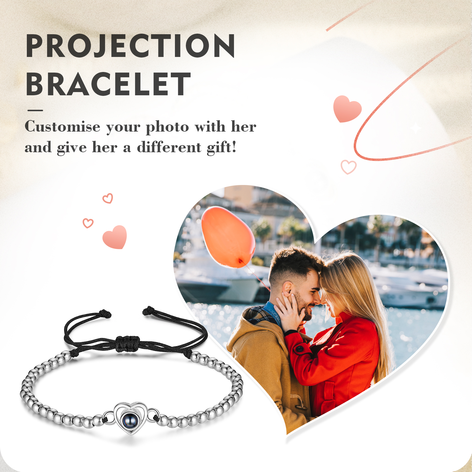 Pulsera con proyección de foto en color con dije de corazón pulsera de perlas ajustable-Jessemade ES