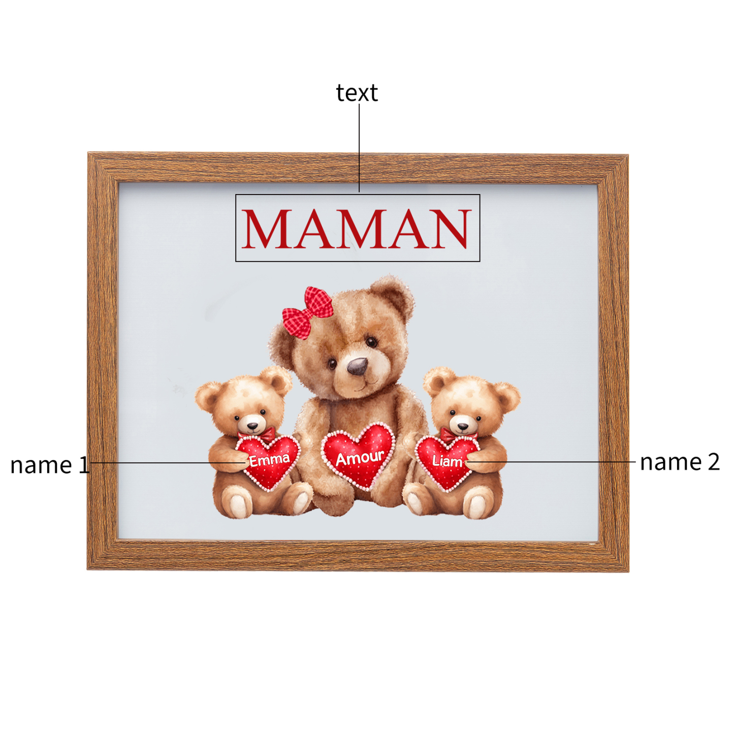 Marco con LED Familia de Osos 1-4 Nombres Personalizados con 1 Texto-Jessemade ES