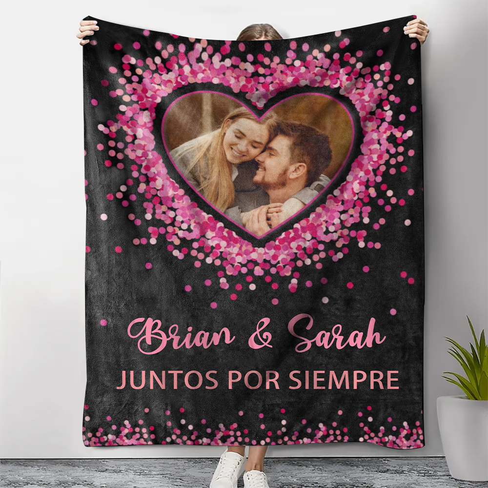 Pareja-Manta de buen calidad de corazones conectados personalizada con nombres y foto-Jessemade ES