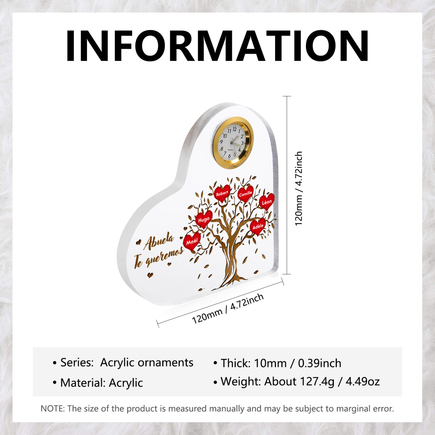 A mi abuela-Placa acrílica en forma acorazonada con un reloj 6 nombres personalizados