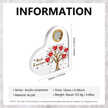 A mi abuela-Placa acrílica en forma acorazonada con un reloj 6 nombres personalizados