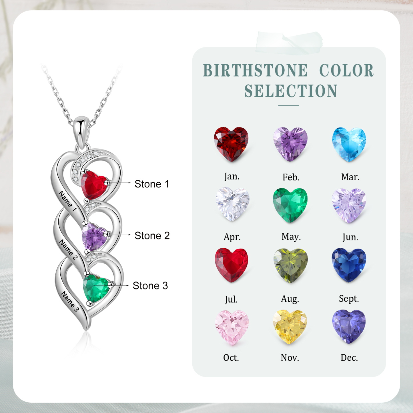 Collar de tres corazones con 3 nombres y piedras de nacimiento personalizados-Jessemade ES