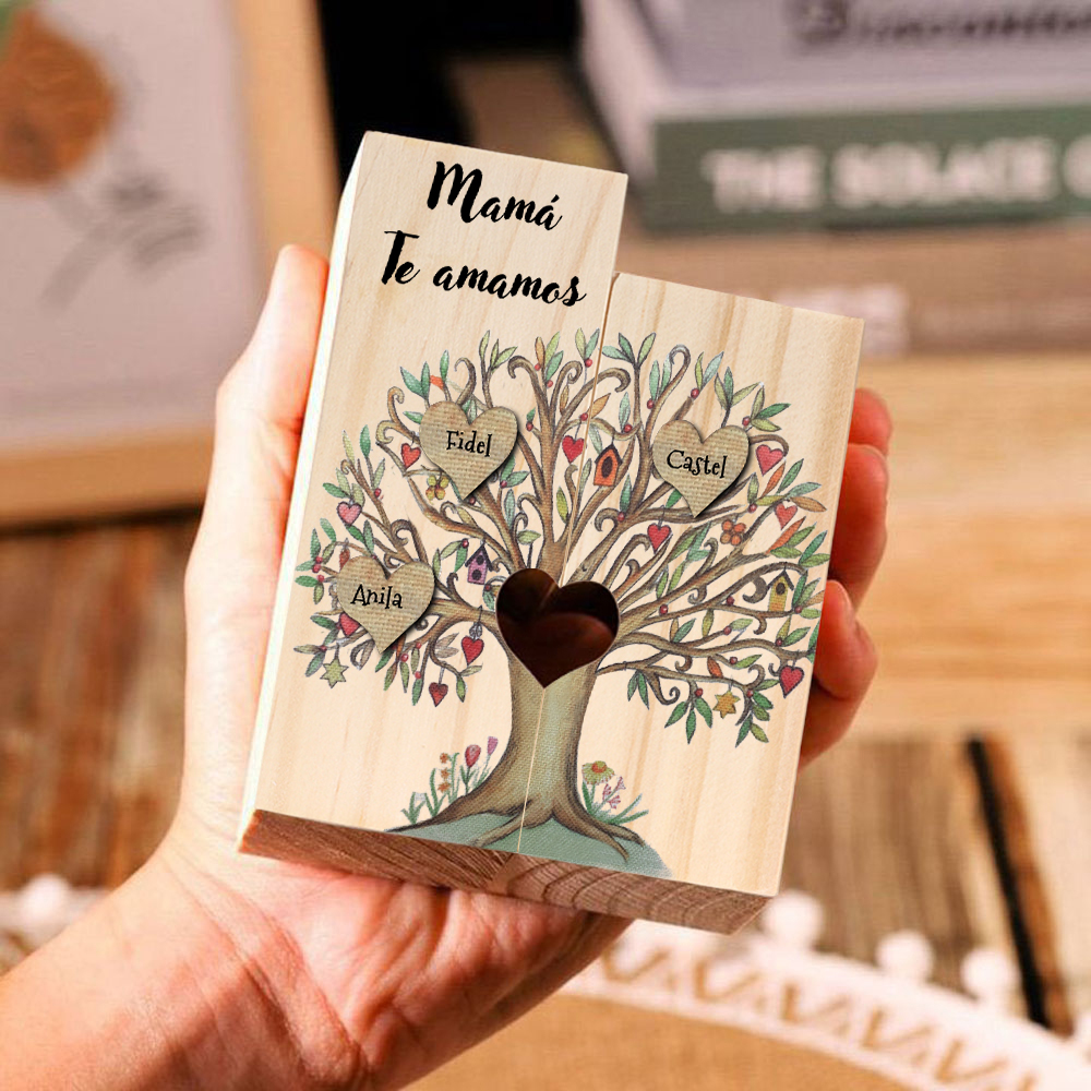 A la familia-Candelero de árbol de la vida de madera personalizado con 3-8 nombres y 1 texto sin vela-Jessemade ES
