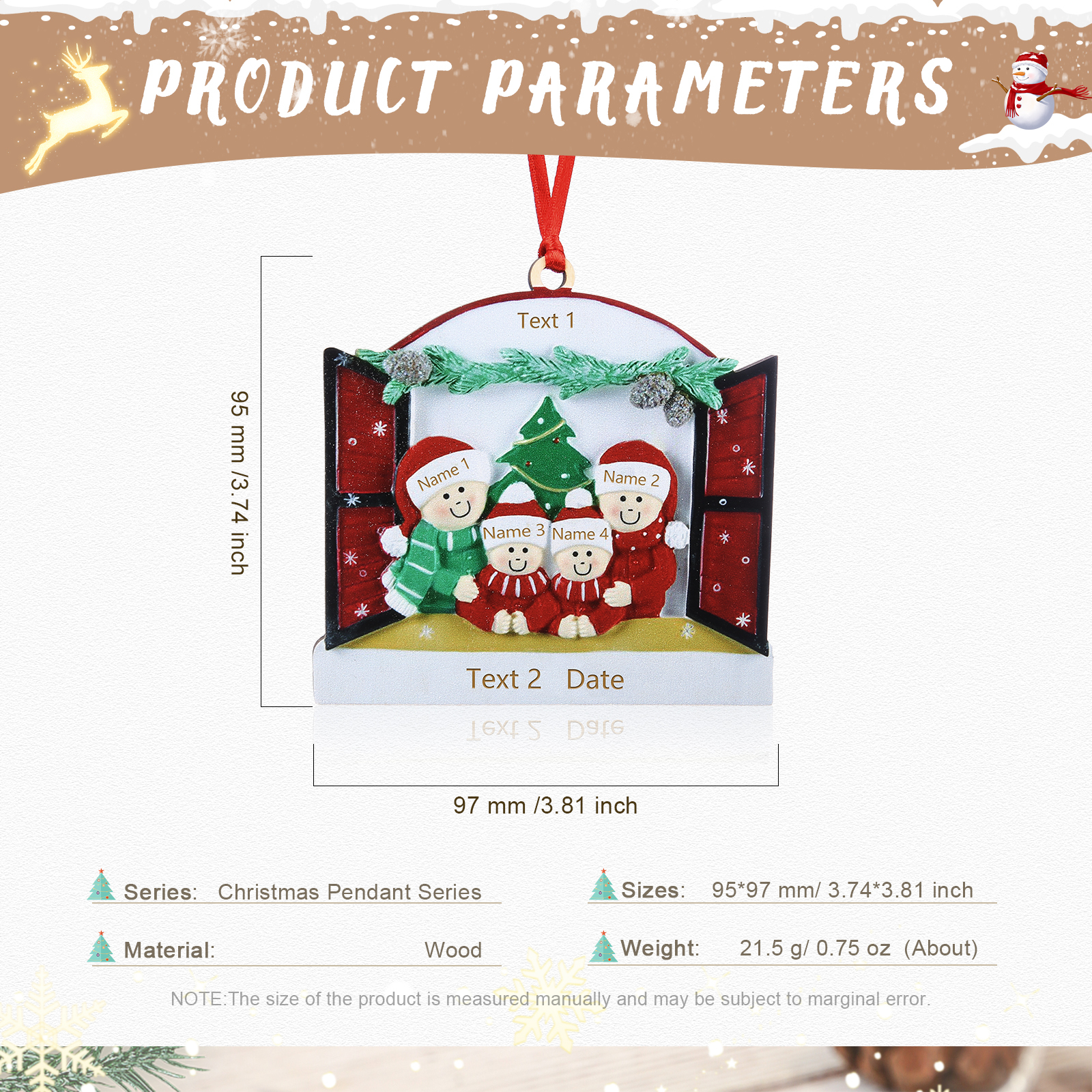 Navidad-Ornamento muñecos navideño de madera familia de 4 y 2 textos y año personalizados adorno del árbol-Jessemade ES