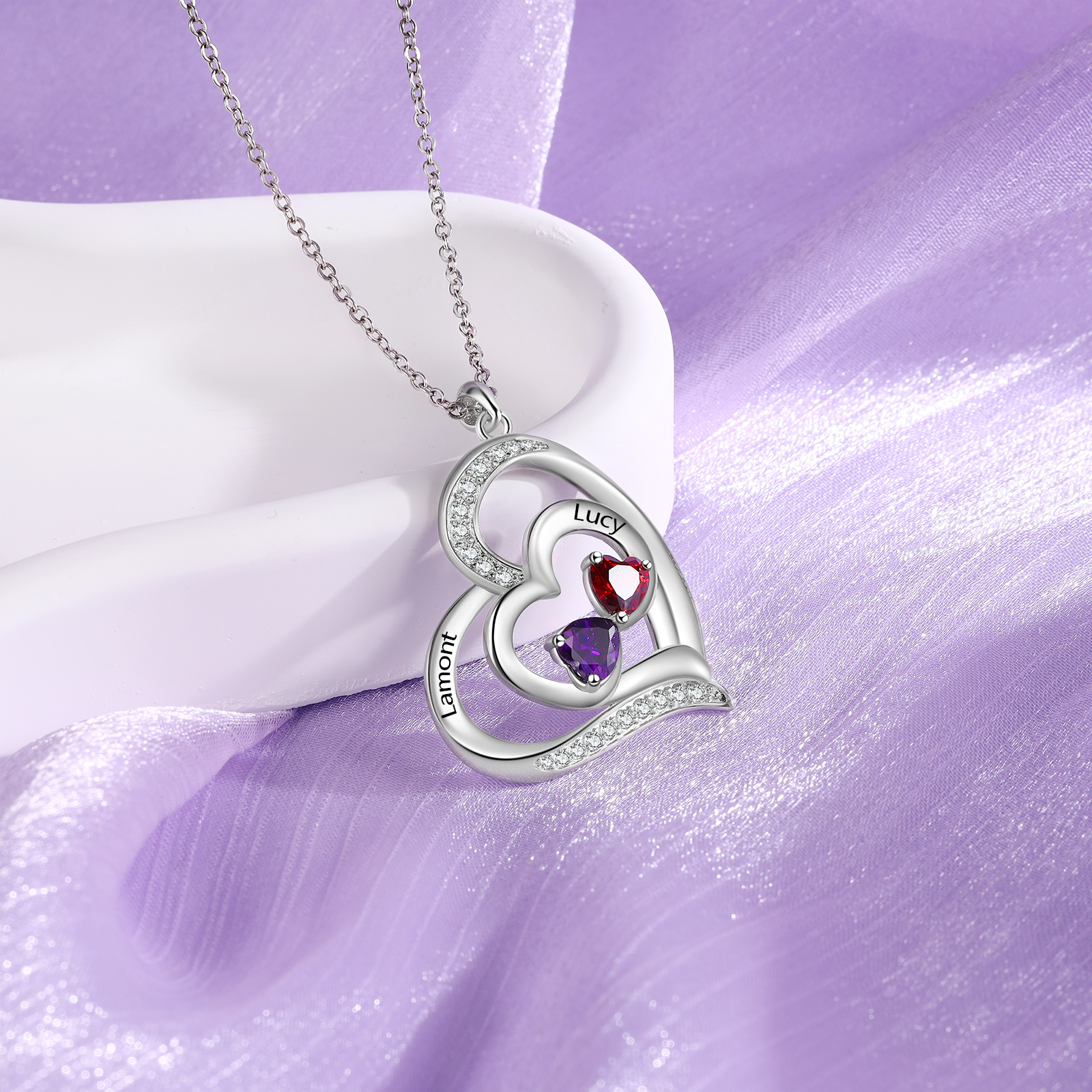 Collar de corazón con 2 nombres y piedras de nacimiento personalizados-Jessemade ES