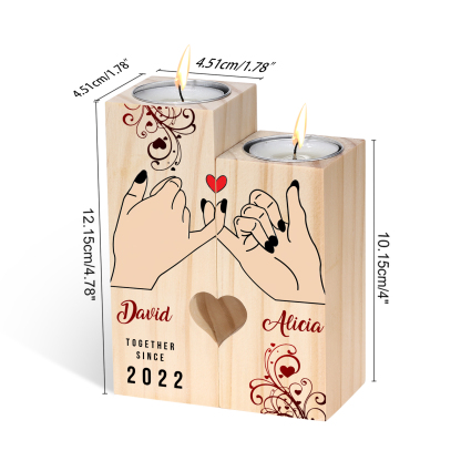 Candelero de dedos cogidos para pareja de madera de dos piezas sin candela con 2 nombres y texto personalizados y año-Jessemade ES
