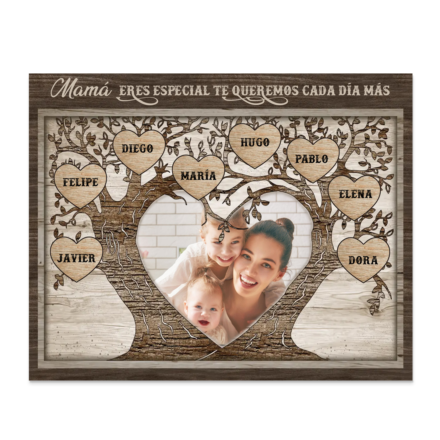 A familia - Lámina 2-9 nombres y 1 foto personalizados marco de madera árbol de la vida-Jessemade ES