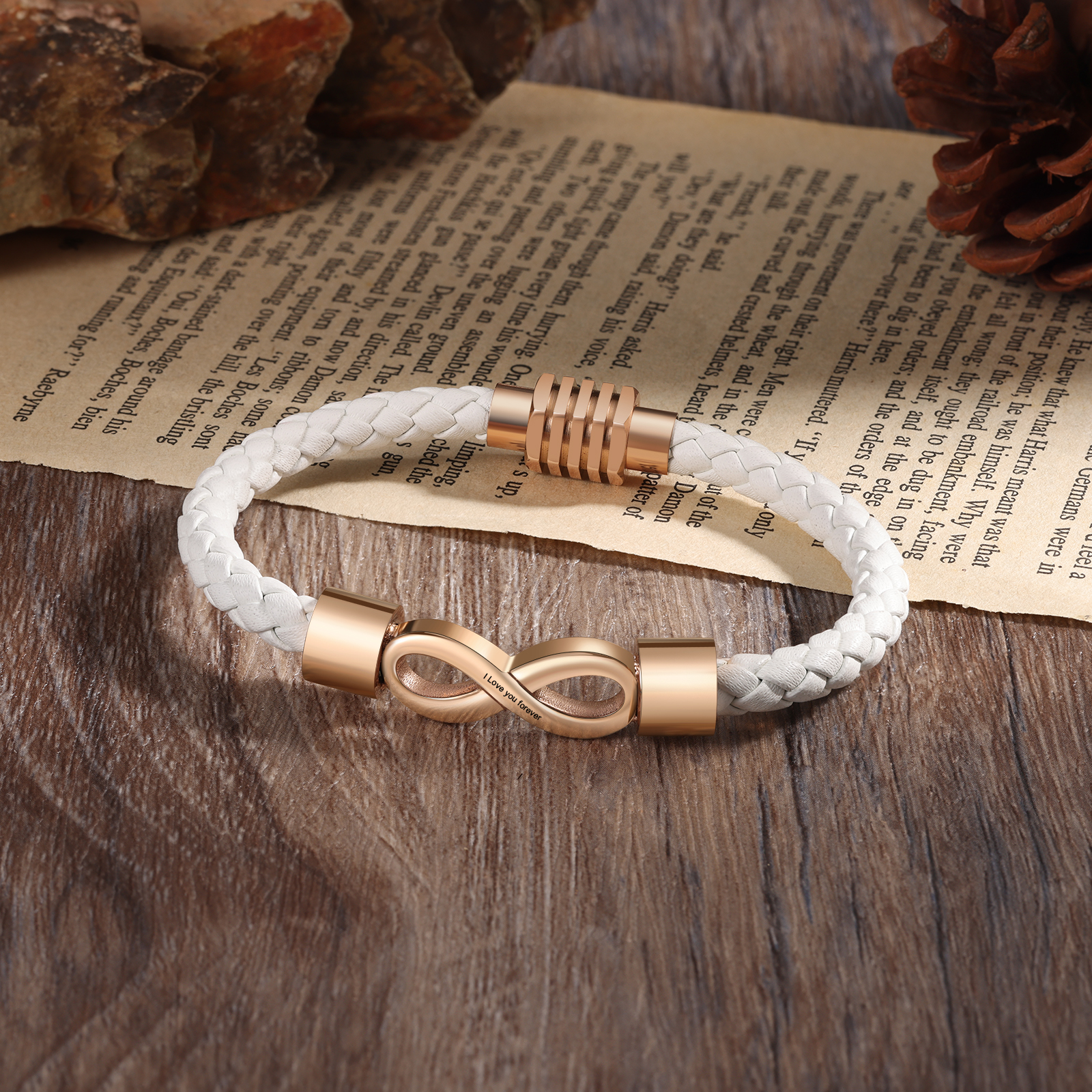 Pulsera de cuero con nudo infinito 1 texto personalizado-Jessemade ES