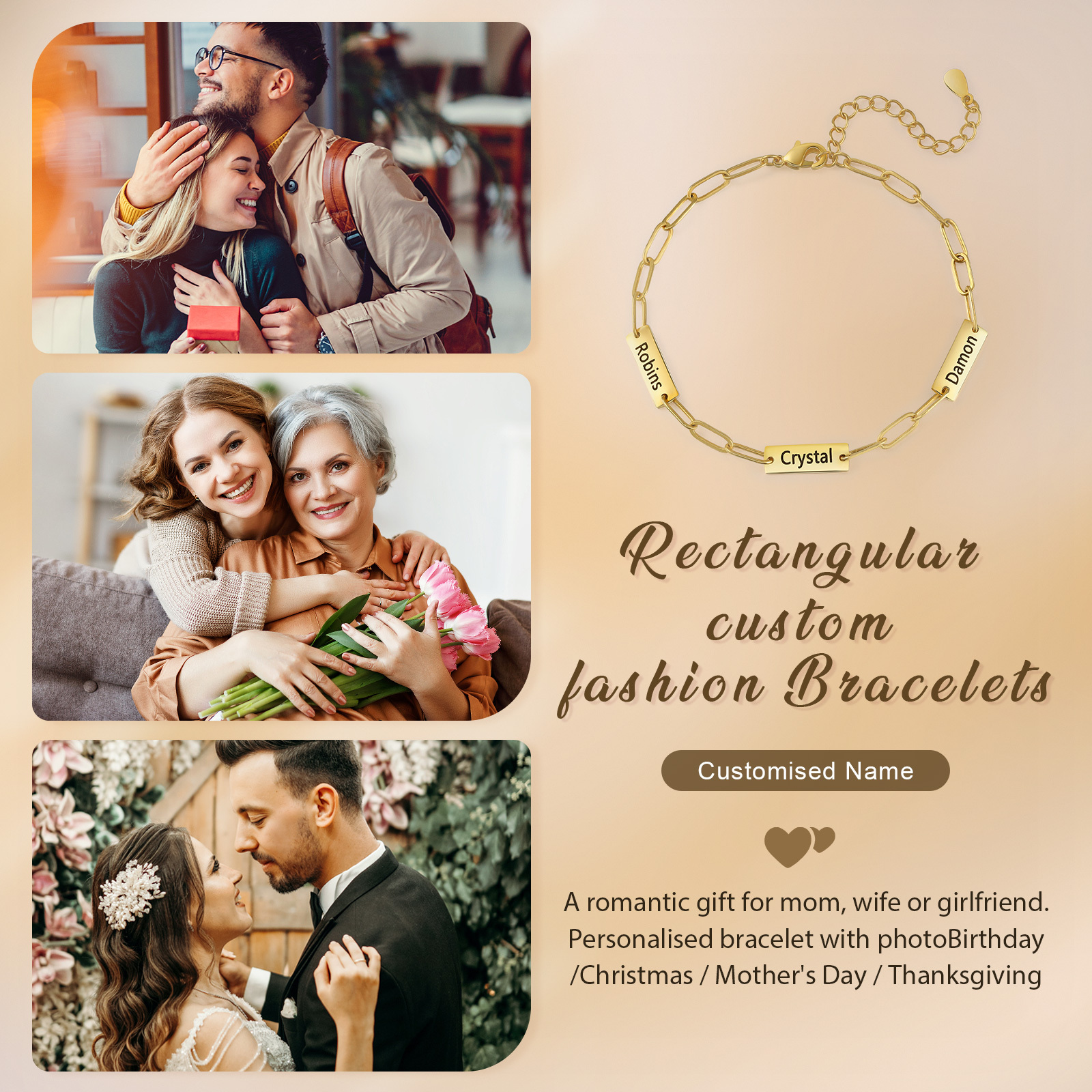 Pulsera para mujer con placas personalizadas con 3 nombres-Jessemade ES