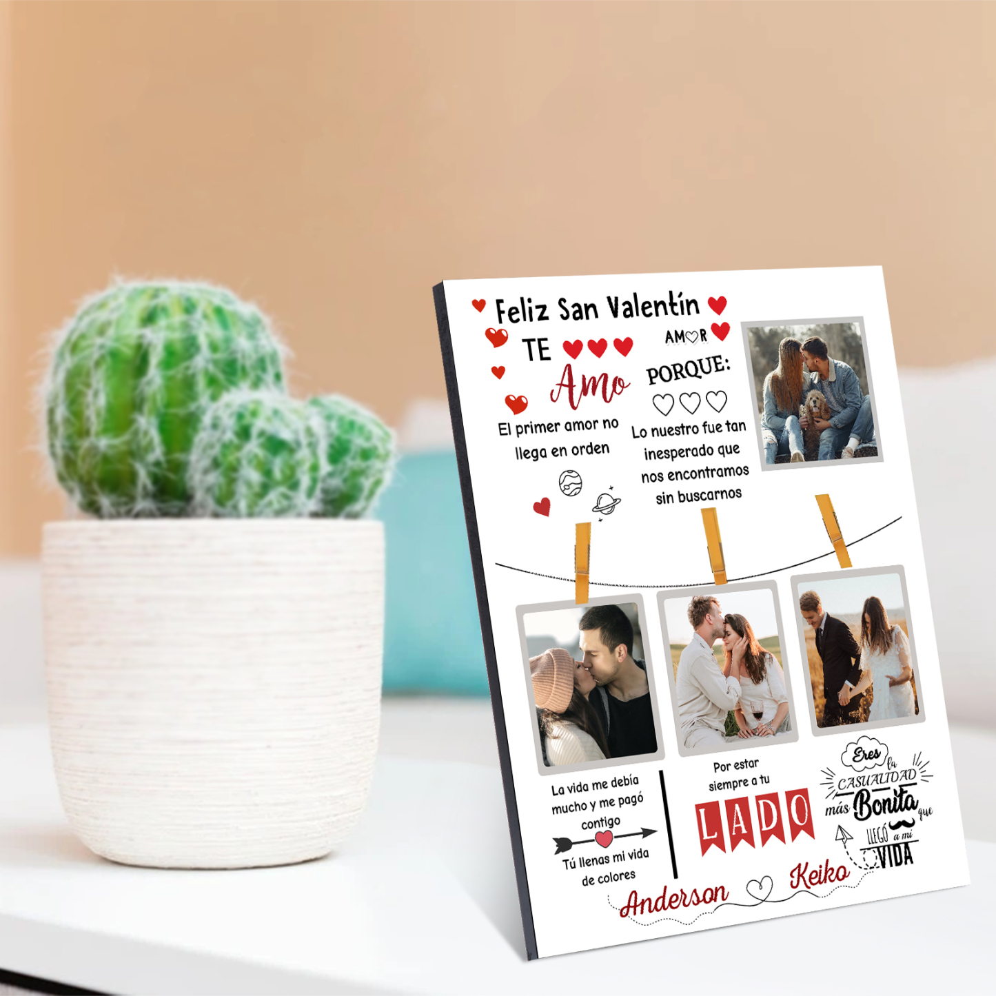 San Valentín-Lámina marco de madera para pareja personalizado con 2 nombres y 4 fotos-Jessemade ES