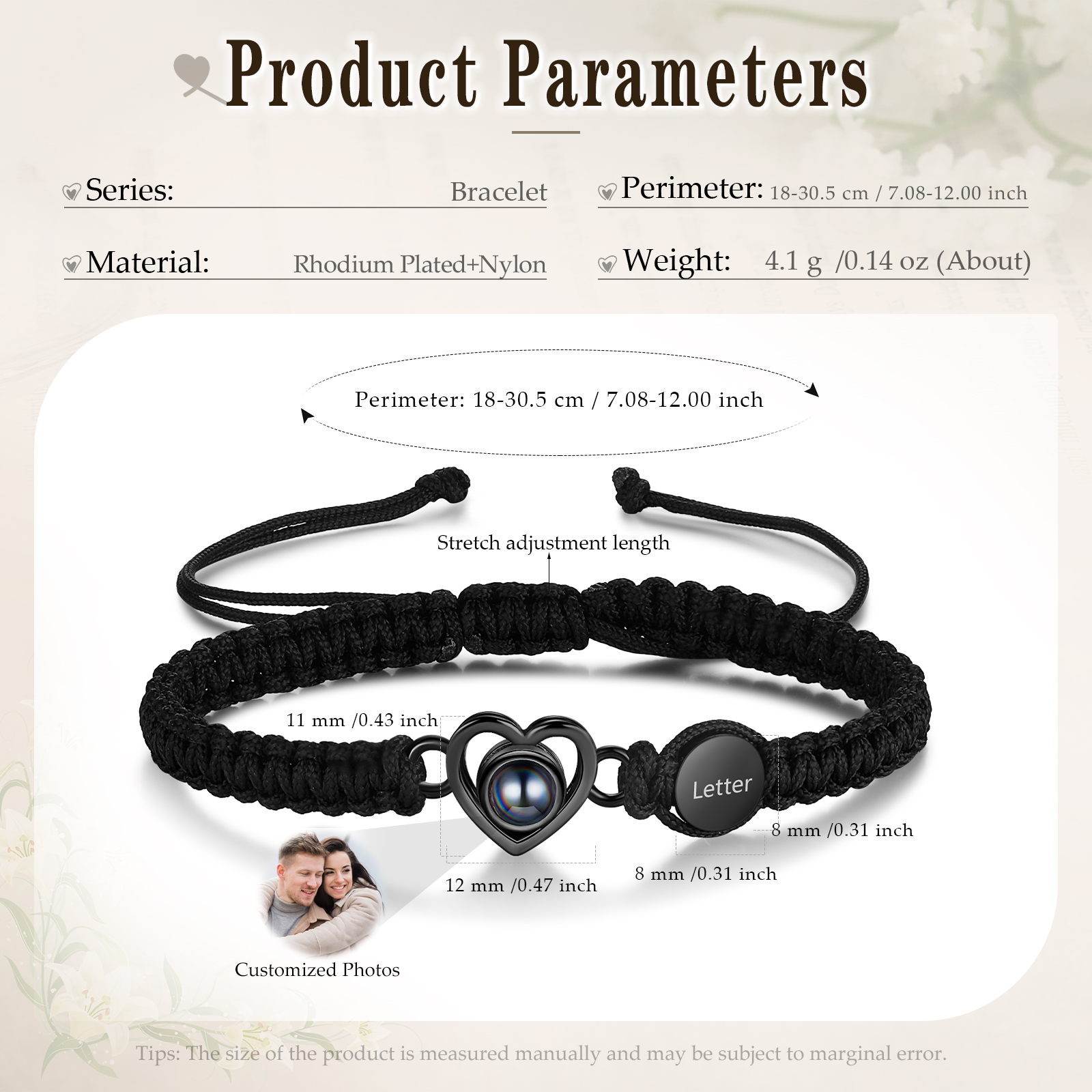 Pulsera con proyección de foto en color con dije de corazón y 2 colores de cuerda ajustable-Jessemade ES
