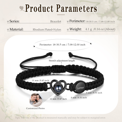 Pulsera con proyección de foto en color con dije de corazón y 2 colores de cuerda ajustable-Jessemade ES