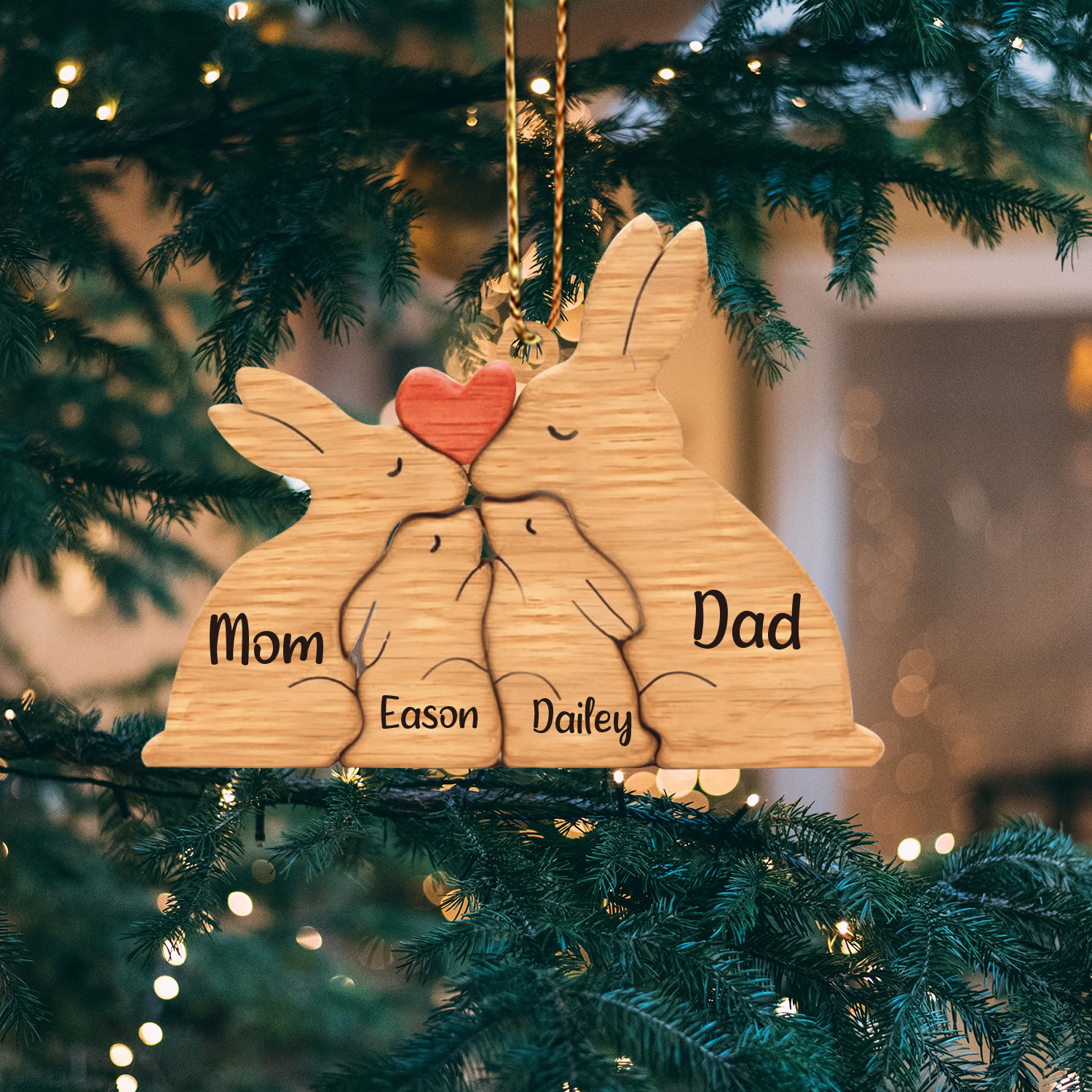 Navidad-Ornamento muñecos navideño de madera familia de conejos 4 nombres personalizados adorno del árbol-Jessemade ES