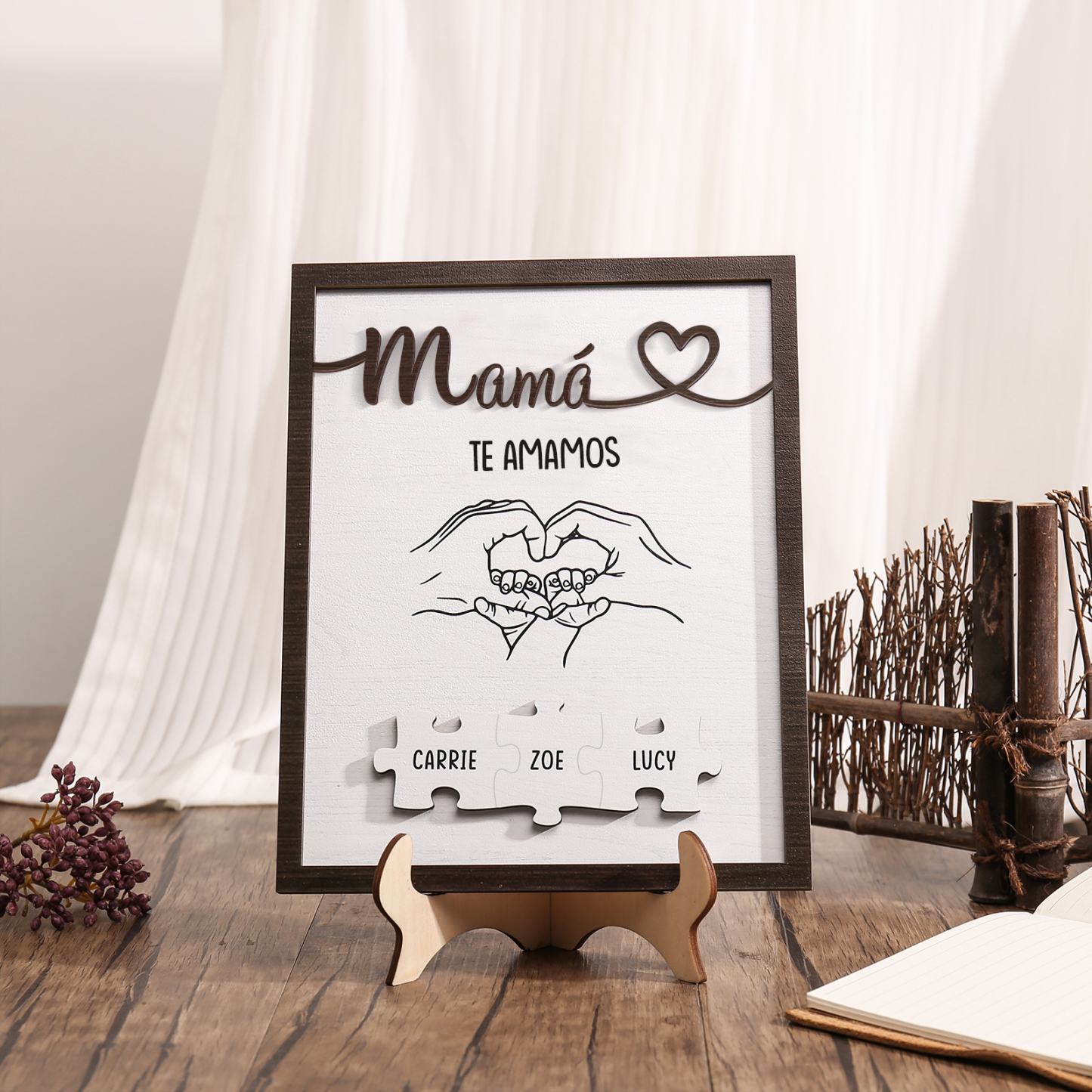A mi mamá-Adorno 2-6 nombres y 1 texto personalizados decoración de madera rompecabezas-Jessemade ES