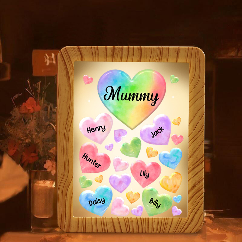 Marco/Espejo con LED Multifuncional Corazones 1-7 Nombres Personalizados con 1 Texto-Jessemade ES