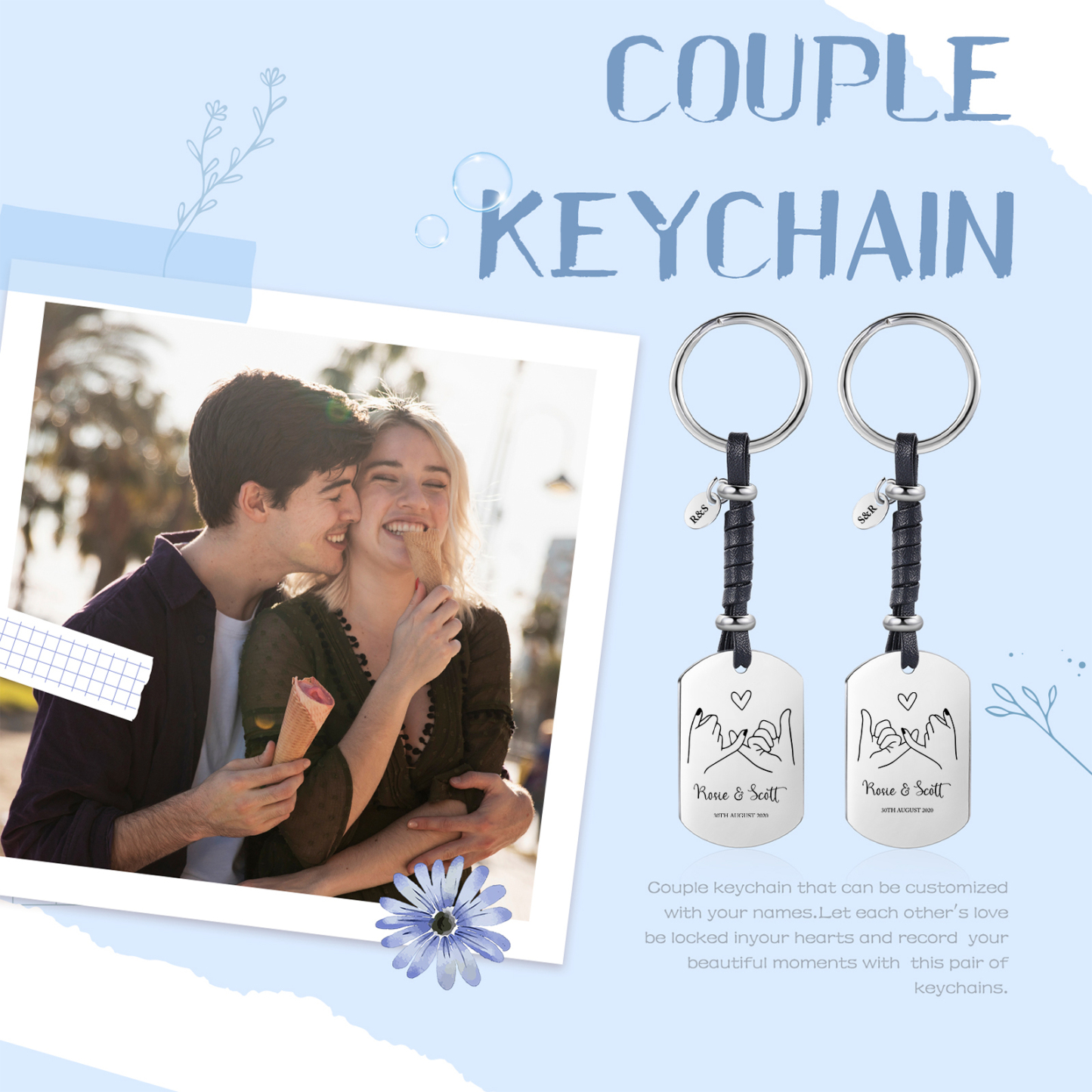 Llavero para pareja dedos cogidos 2 nombres, 2 letras y 2 fechas personalizados-Jessemade ES