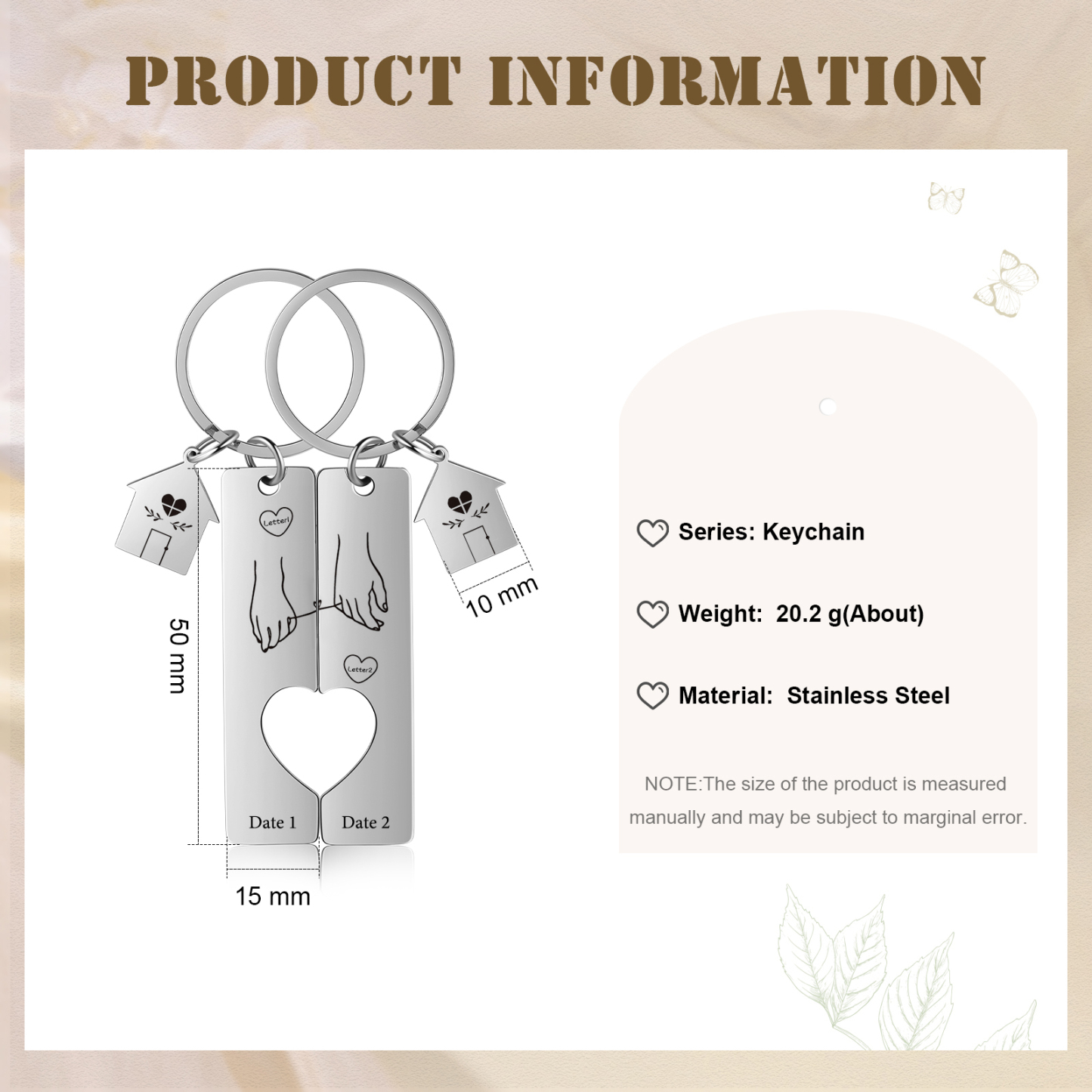 Llavero para pareja manos conectadas por hilo 2 letras personalizadas con fecha dije de casa-Jessemade ES