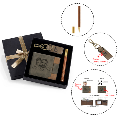 Kit de regalo-Llavero, cartera y bolígrafo con 2 nombres y 2 letras personalizados con foto para hombre-Jessemade ES