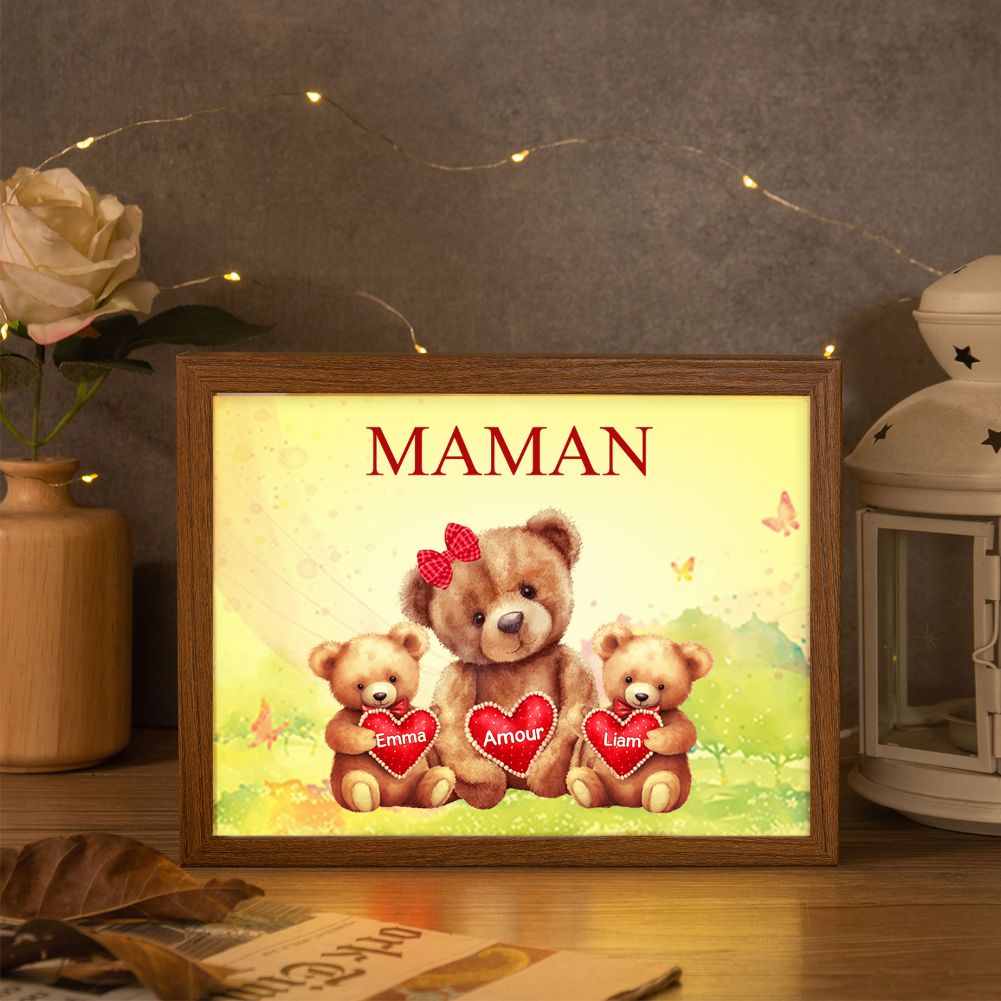 Marco con LED Familia de Osos 1-4 Nombres Personalizados con 1 Texto-Jessemade ES